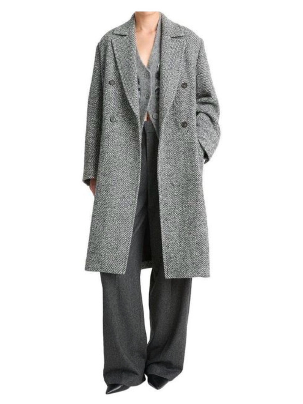 Vince Grey Herringbone Double-Breasted Pea Coat